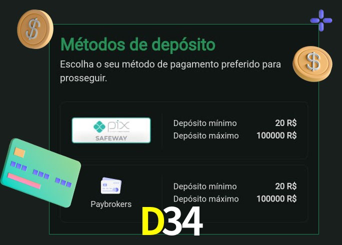 O cassino D34 oferece uma grande variedade de métodos de pagamento